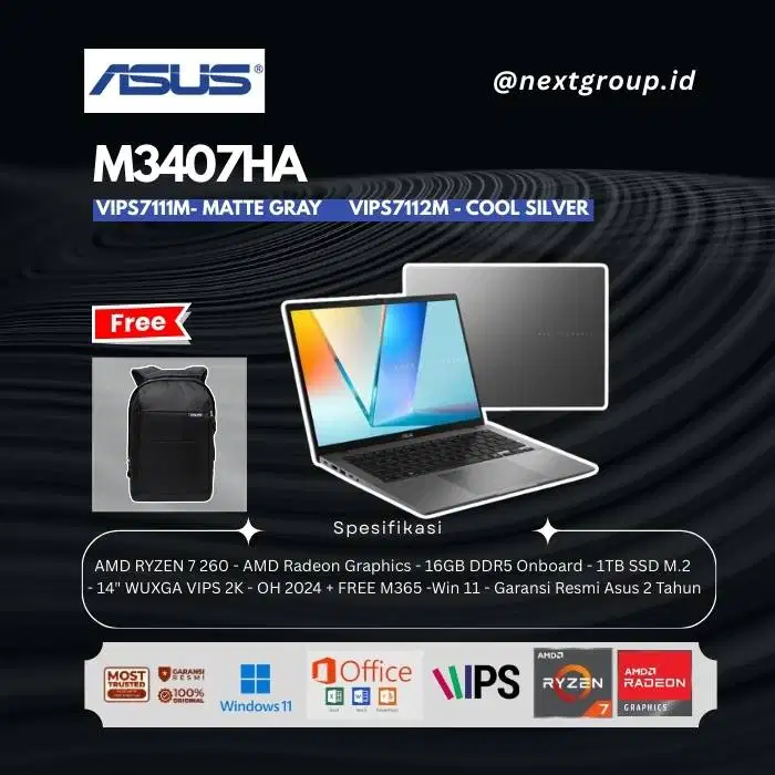ASUS Vivobook S14 M3407HA Ryzen 7 260 16GB 1TB W11+OHS+M365B 14 WUXGA