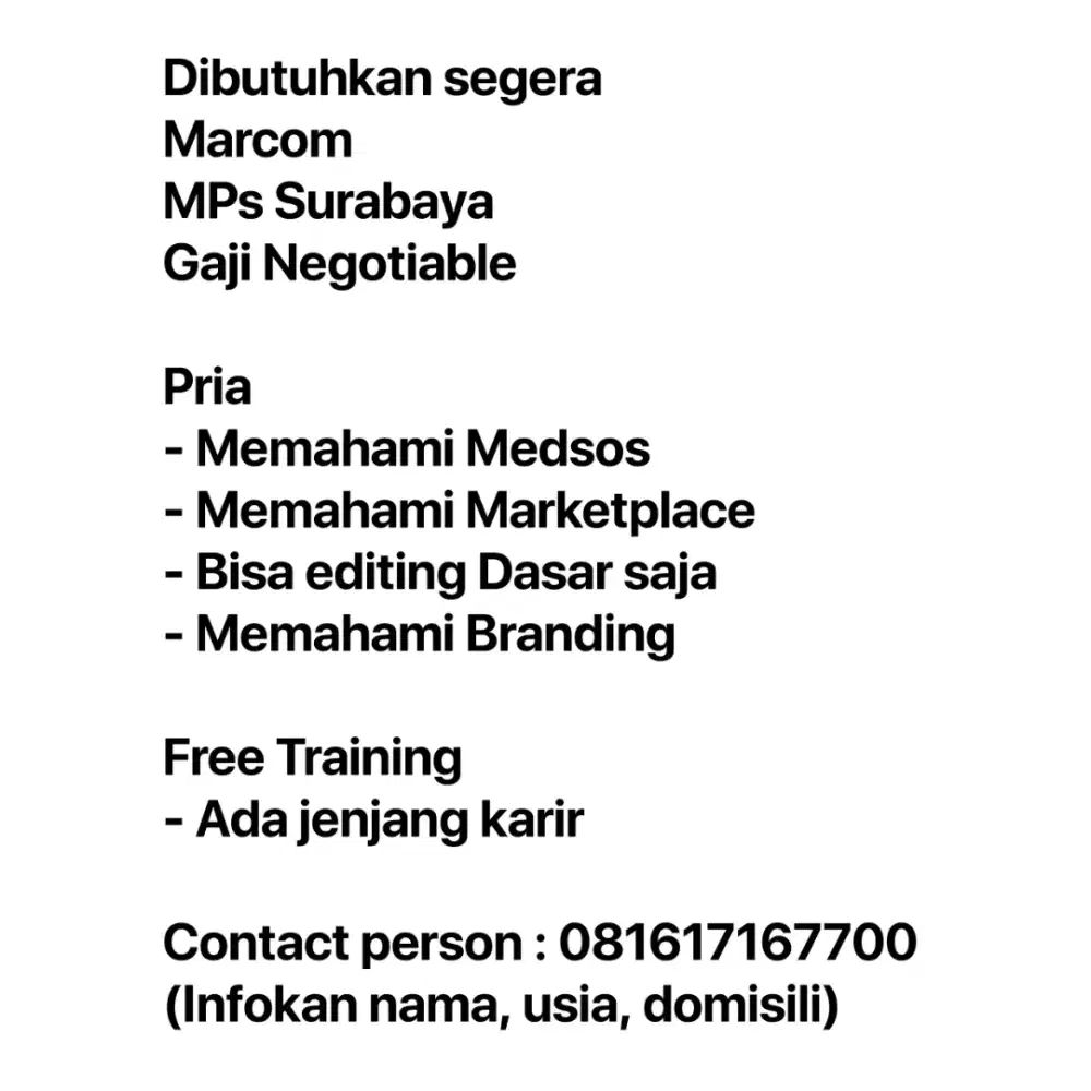 Lowongan Kerja Marcom MPs Surabaya