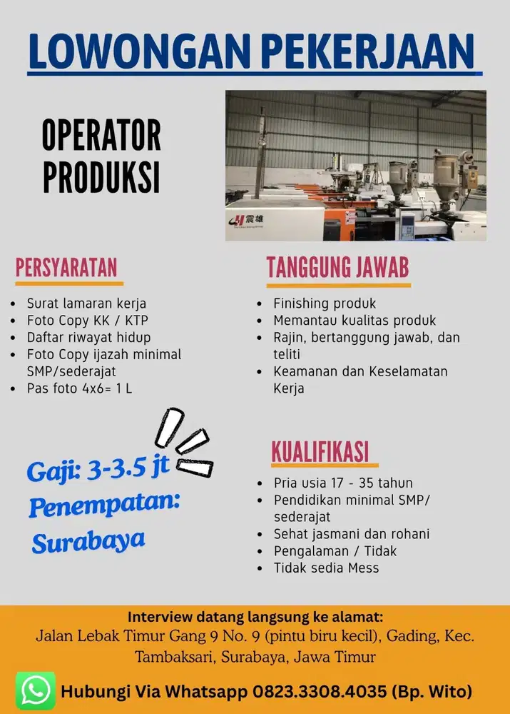 Dibutuhkan Segera Operator Produksi PRIA Serabutan