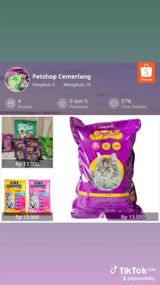 Menjual makanan kucing repack termurah,merk bolt,mister puss dll