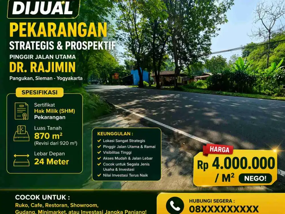 Tanah Pekarangan Strategis Pinggir Jalan Utama Dr. Rajimin Sleman – Cocok untuk Usaha & Investasi!