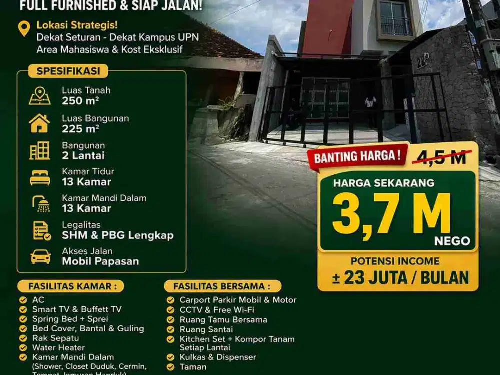Kost Eksklusif 13 Kamar Full Furnished Dekat UPN Seturan – Potensi Income Tinggi!