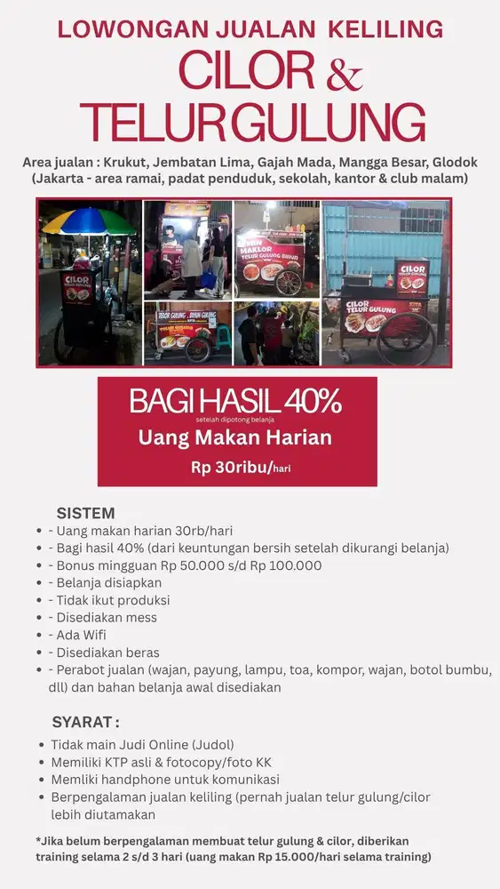 Lowongan Jualan Cilor&Telur Gulung (Uang harian 30rb+bagi hasil 40%)
