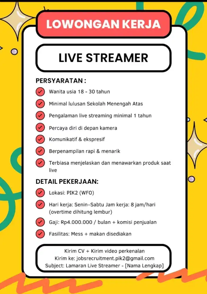 Lowongan kerja LIVE STREAMER PIK 2