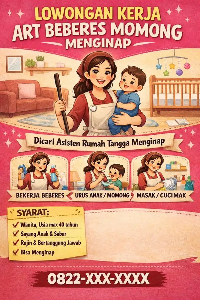 Dicari ART beberes momong menginap kota Bekasi