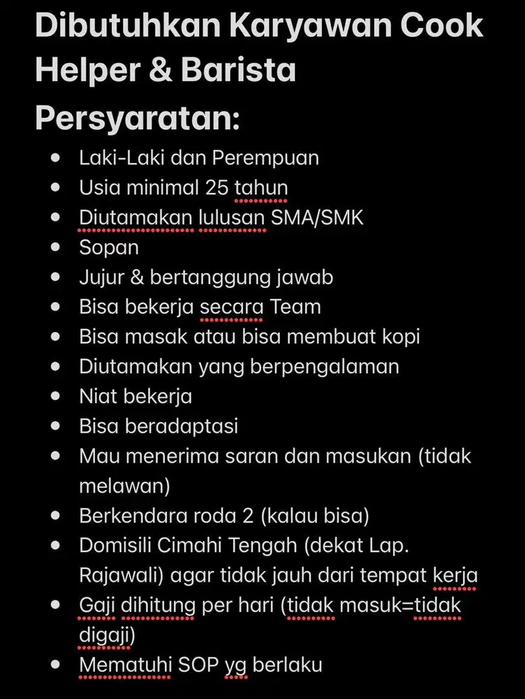Dibutuhkan Karyawan Cook Helper & Barista