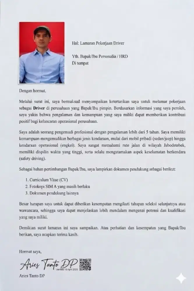 Saya sedang mencari pekerjaan sebagai driver pribadi atau kantor