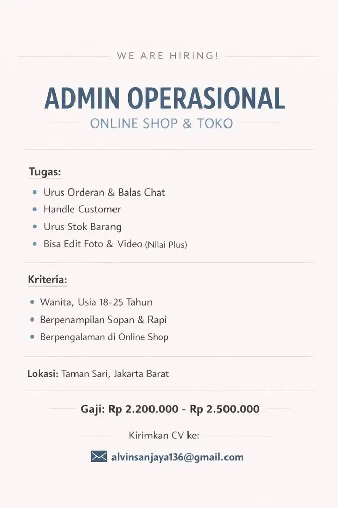 LOWONGAN ADMIN ONLINE SHOP DAN TOKO