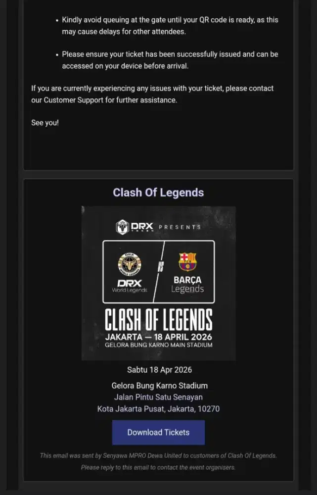 2 Tiket vip barat clash of legend GBK 18 april