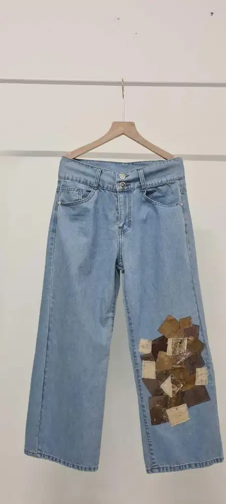 Celana kulot jeans premium eco print, celana jeans unik premium