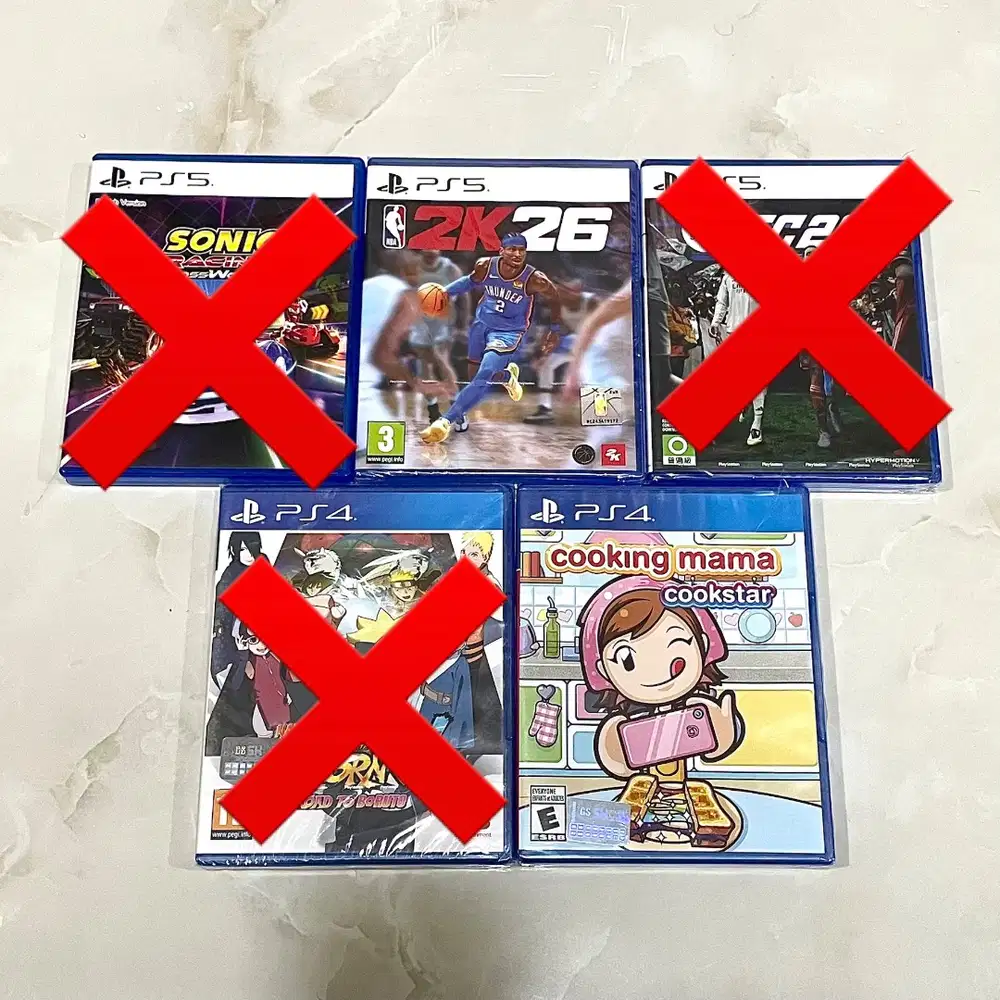 FC26 ps5, Sonic, NBA 2K26, Naruto ps4, Cooking mama - kaset game ps