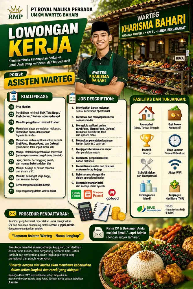 **LOWONGAN KERJA** **ASISTEN WARTEG (UMKM WARTEG BAHARI)** PRIA