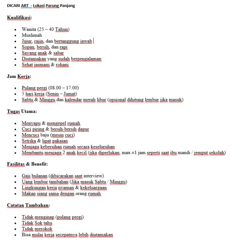 DICARI ART DAERAH PARUNG PANJANG DAN SEKITARNYA