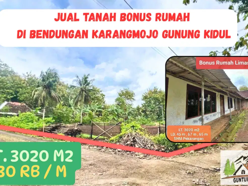 Jual tanah bonus rumah limasan di Bendungan timur kota Wonosari Gunungkidul pekarangan murah strategis