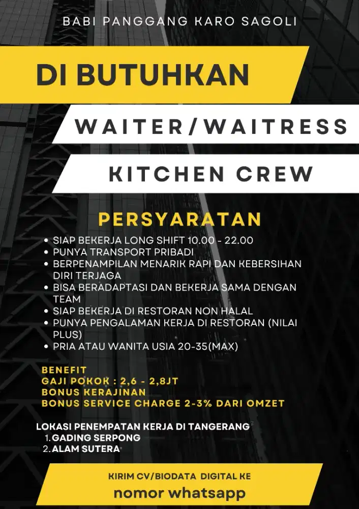 DIBUTUHKAN STAFF WAITER PELAYAN DAN KITCHEN CREW HELPER RESTORAN