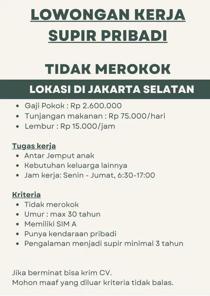 Lowongan Kerja Supir Pribadi Tidak Merokok | Loker Driver
