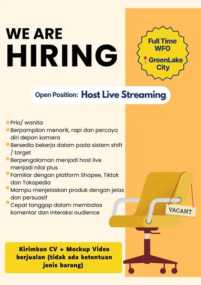LOWONGAN HOST LIVE STREAMING WFO GREENLAKE CITY | FULL TIME