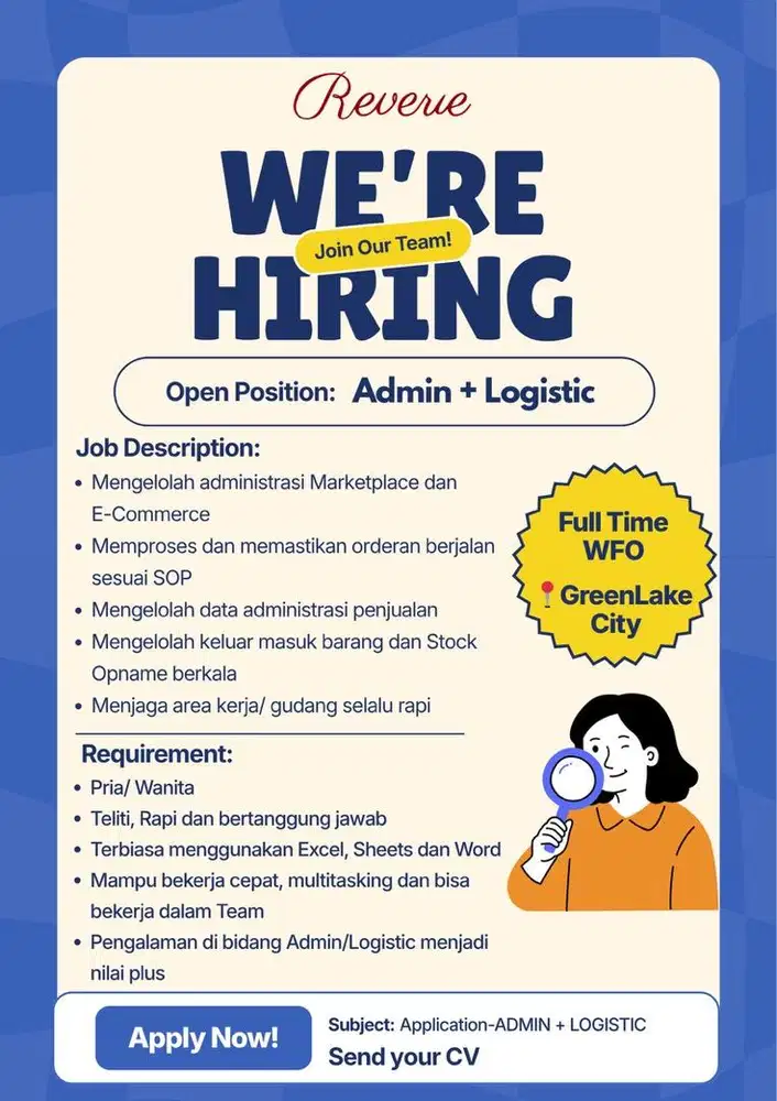 LOWONGAN ADMIN & LOGISTIC WFO GREENLAKE CITY | FULL TIME