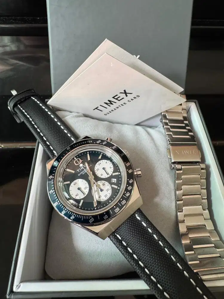 Timex Q Chronograph Panda Blue Dial Jam Tangan