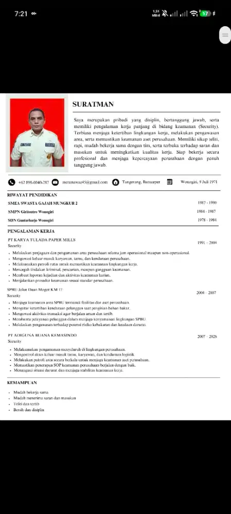 security berpengalaman 35 tahun lebih