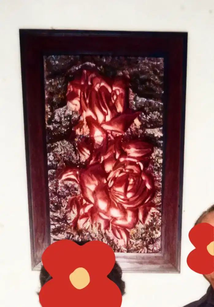 Vintage 80's pajangan Relief Rose Kayu Jati + Tembaga murni Antik