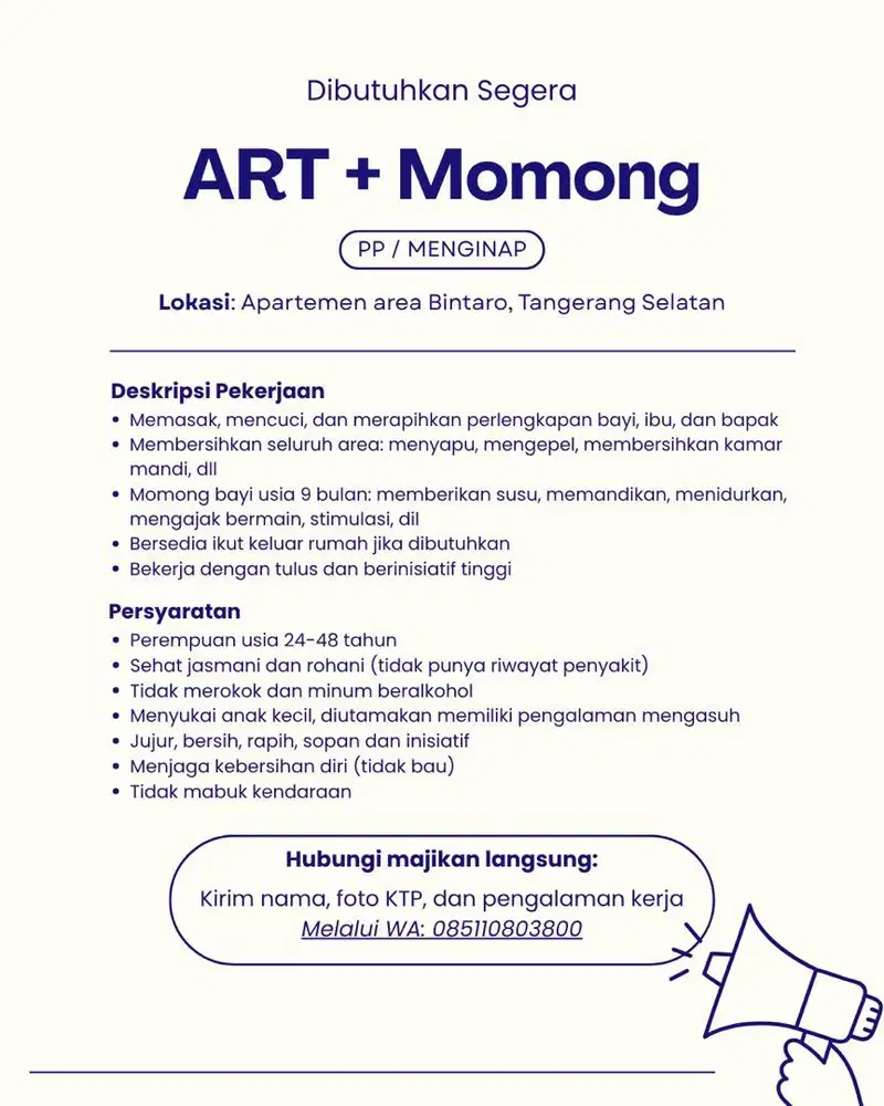 Lowongan Kerja ART + Momong Bintaro (Siap Bekerja)
