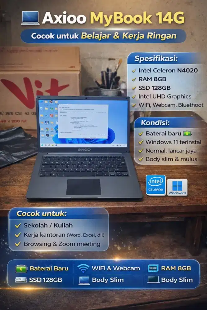 Laptop axioo mybook 14G slim ringan cocok buat sekolah ato kuliah