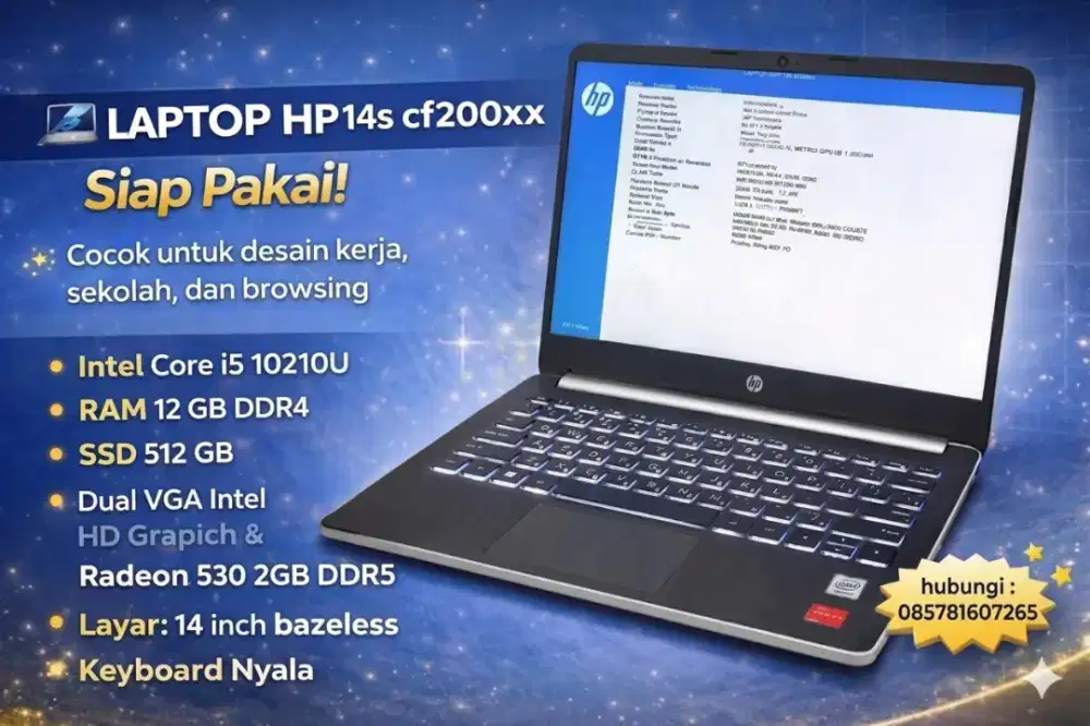 hp 14s cf20xxx i5 10210U ram 12gb ssd 512gb Radeon 2gb ddr5 kb nyala