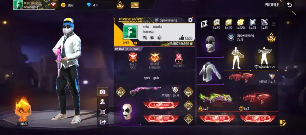 Jual akun ff SG riper janggut BNL vault 200