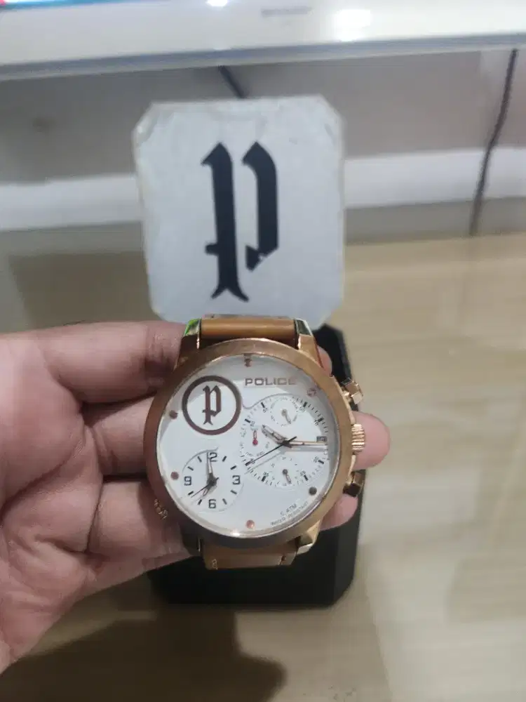 Police 14188J dual time chrono tgl aktif gold leather ori mulus sby