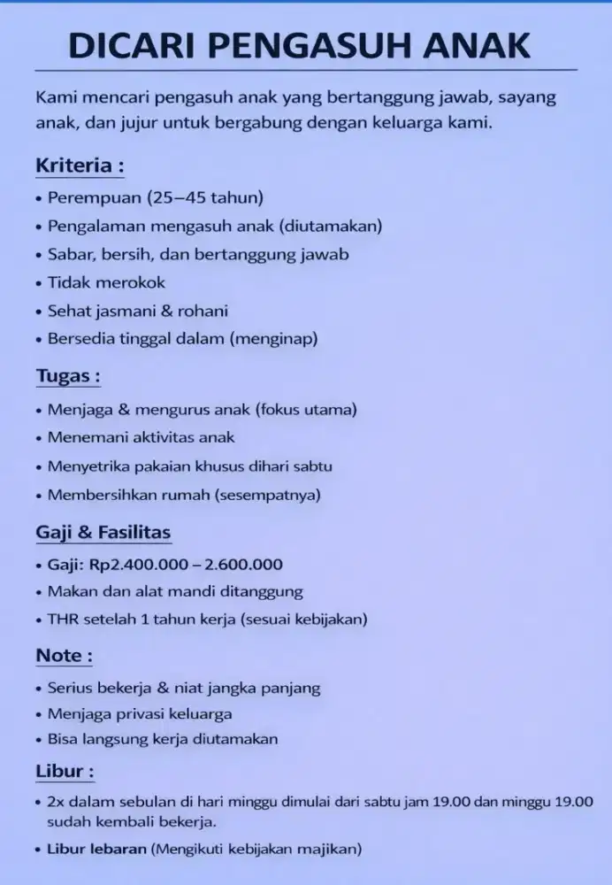 Di Cari Pengasuh Anak