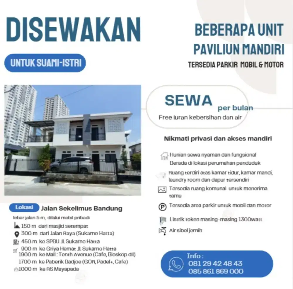 Disewakan paviliun tipe apartemen studio
