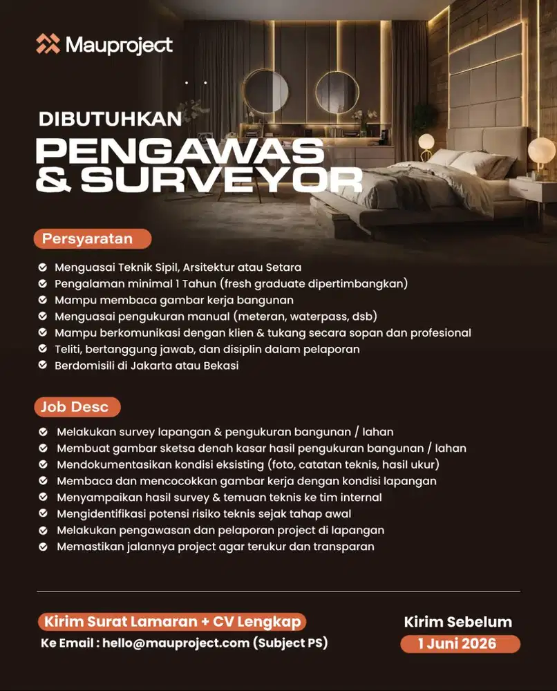 Lowongan Kerja (Loker) Pengawas / Survey Lapangan (Jakarta & Bekasi)