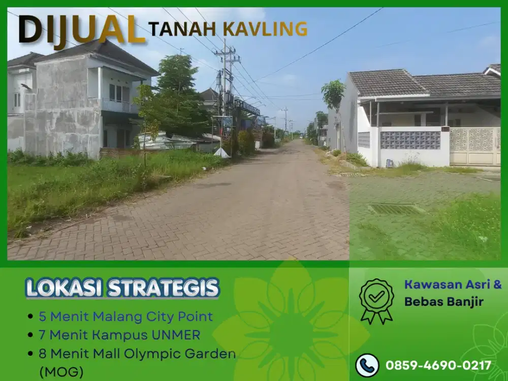 Jual Tanah 5 Menit Kampus UNIKAMA Malang Lebar Jalan 6 Meter Untuk Dibangun Rumah
