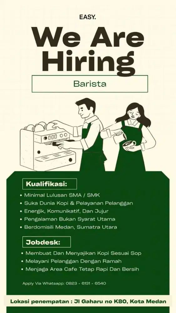 Dicari barista cafe (09.00 - 18.00) Easy Coffee