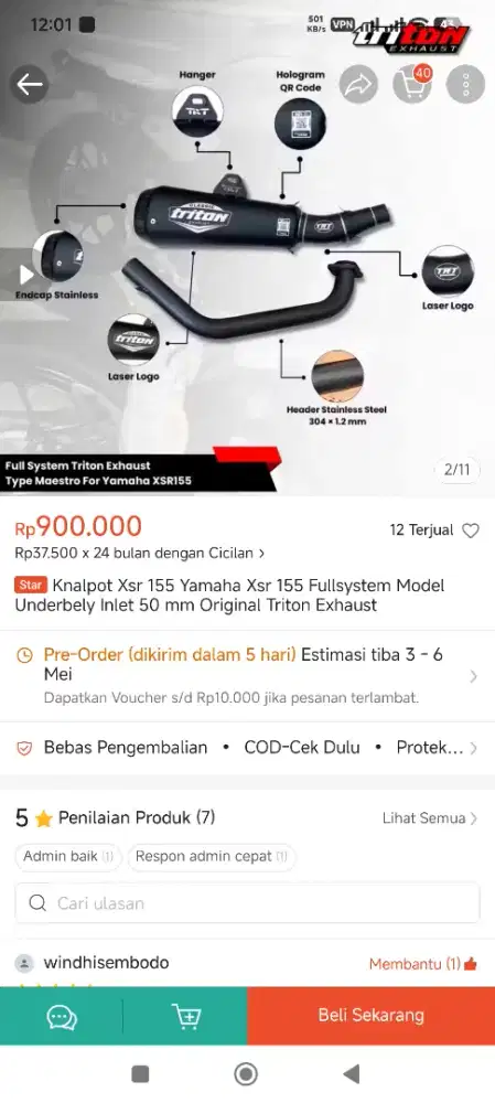 Knalpot Yamaha XSR155 model Underbely inlet 50mm merk TRITON