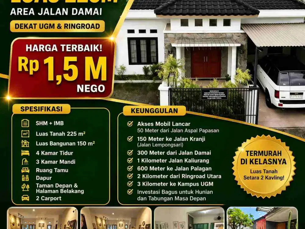 Rumah Cluster Luas 225m² Harga Terbaik Area Jalan Damai – Dekat UGM & Ringroad