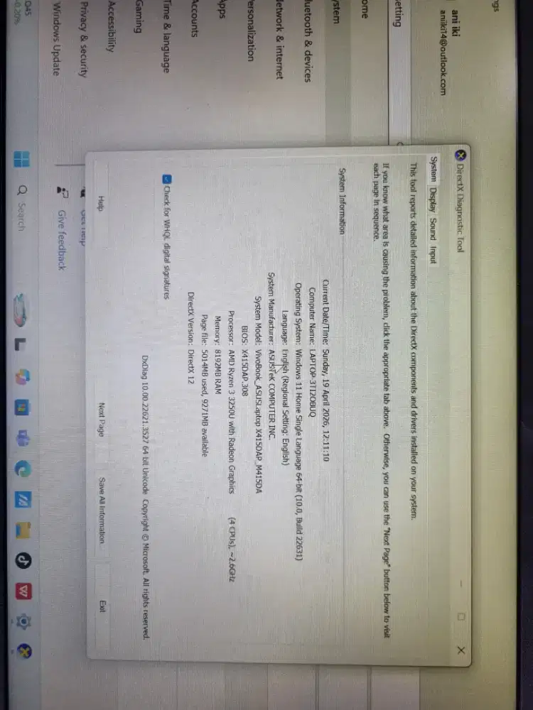 ASUS VIVOBOOK PROCESSOR: RYZEN 3-3250, RAM:

8, ROM: 512