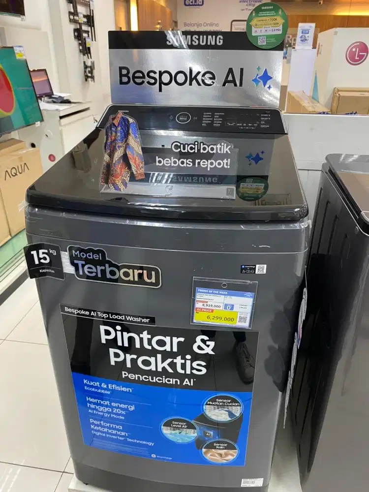 Mesin cuci Samsung Bespoke AI Top Load Washer dengan kapasitas 15kg.