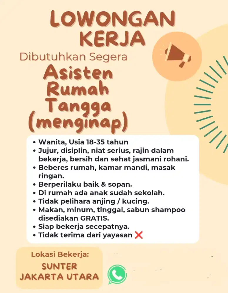 Lowongan Asisten Rumah Tangga Menginap di Sunter Jakarta Utara