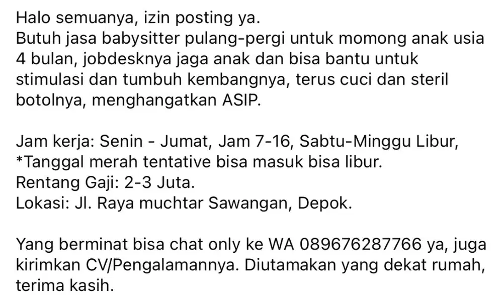 Butuh Babysitter PP Sawangan Depok