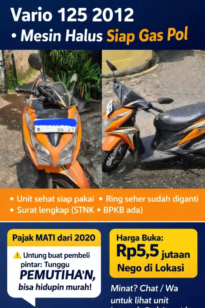 Honda Vario 125 FI 2012 – Mesin Halus – Siap Pakai (Minus Pajak)
