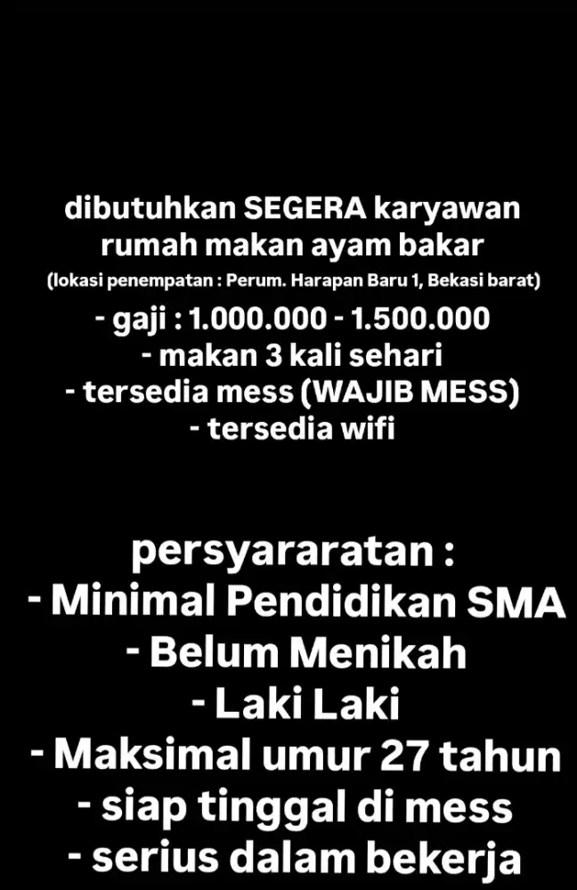 DIBUTUHKAN SEGERA KARYAWAN RUMAH MAKAN