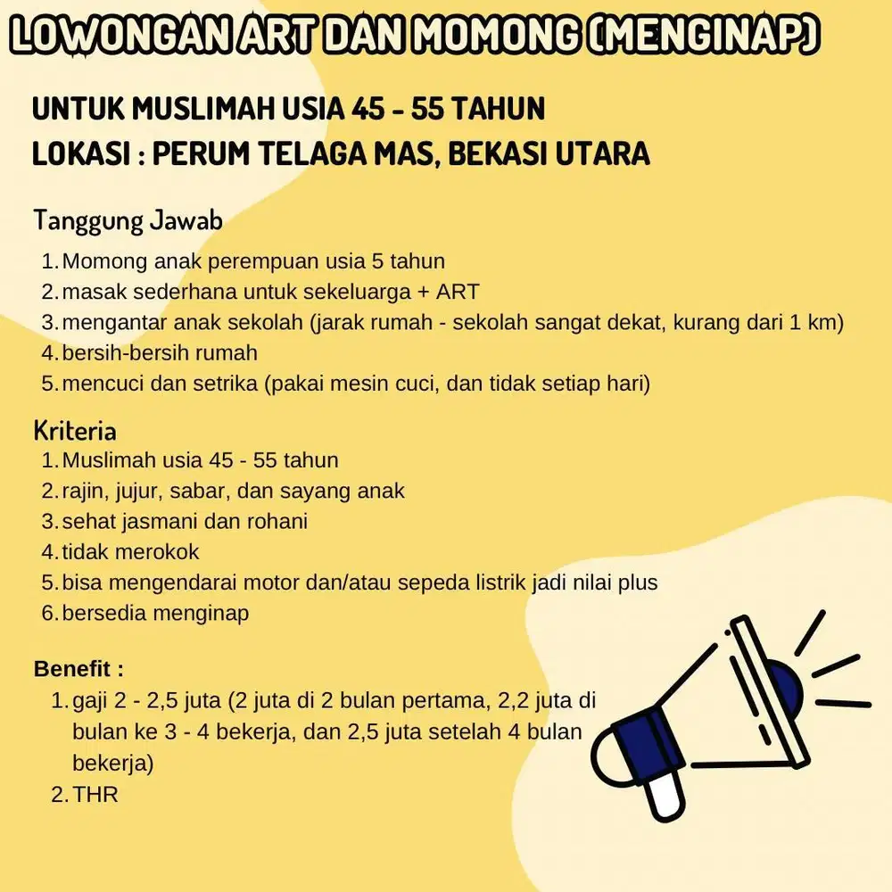 UNTUK MUSLIMAH 45 - 55 TAHUN ADA LOWONGAN ART