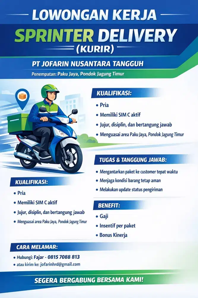 LOWONGAN KERJA – SPRINTER DELIVERY (KURIR) DAN ADMIN