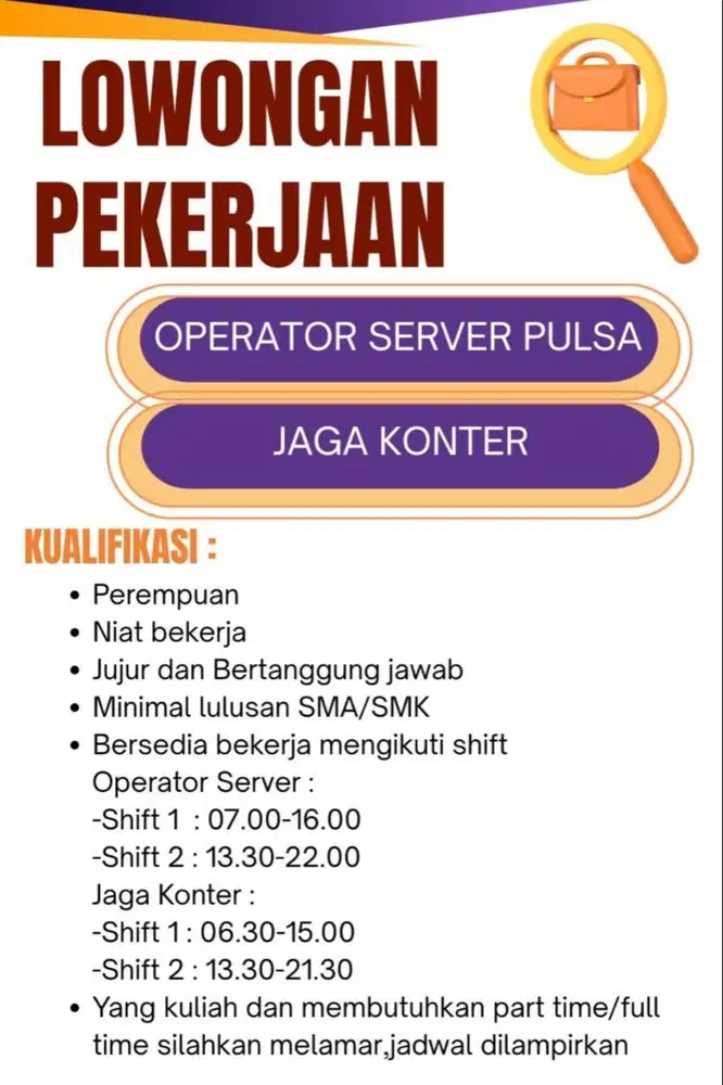 lowongan kerja operator server pulsa dan jaga konter