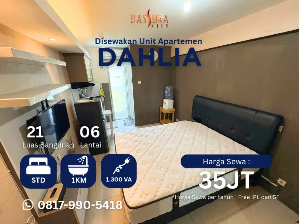 Sewa type studio lantai rendah apartemen Bassura City tower Dahlia