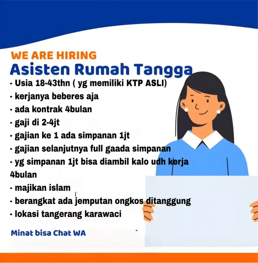 Dibutuhkan segera ART perempuan yang bisa nginep