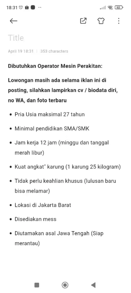 Lowongan Kerja Operator Mesin Perakitan