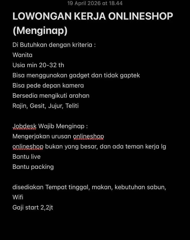 LOWONGAN KERJA ONLINESHOP (MENGINAP)